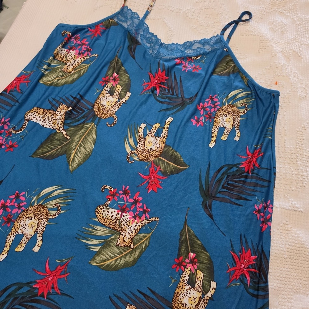 Joyspun Women's Leopard Gown Nightshirt knit Chemise with Lace Size 3X